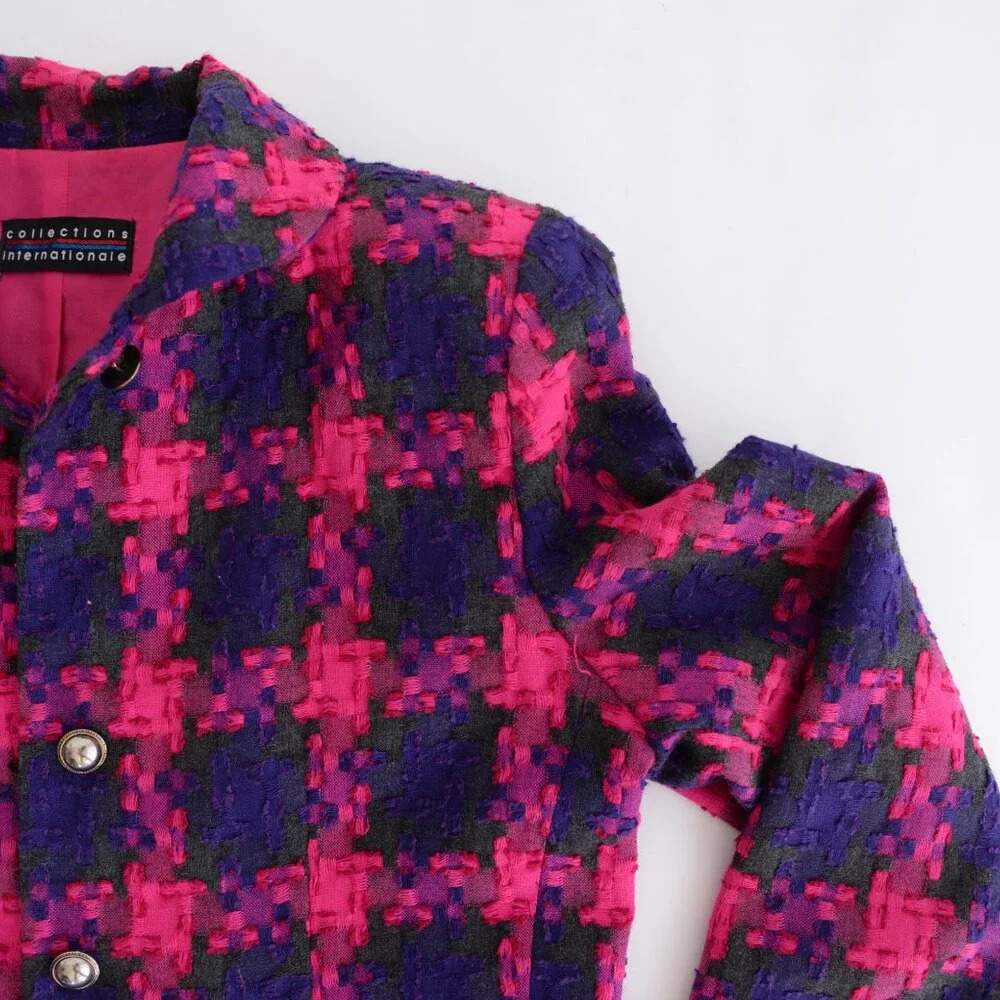 Vintage Collections Purple Pink 25% Wool Cross Plaid Houndstooth Blazer 12 - Picture 9 of 14